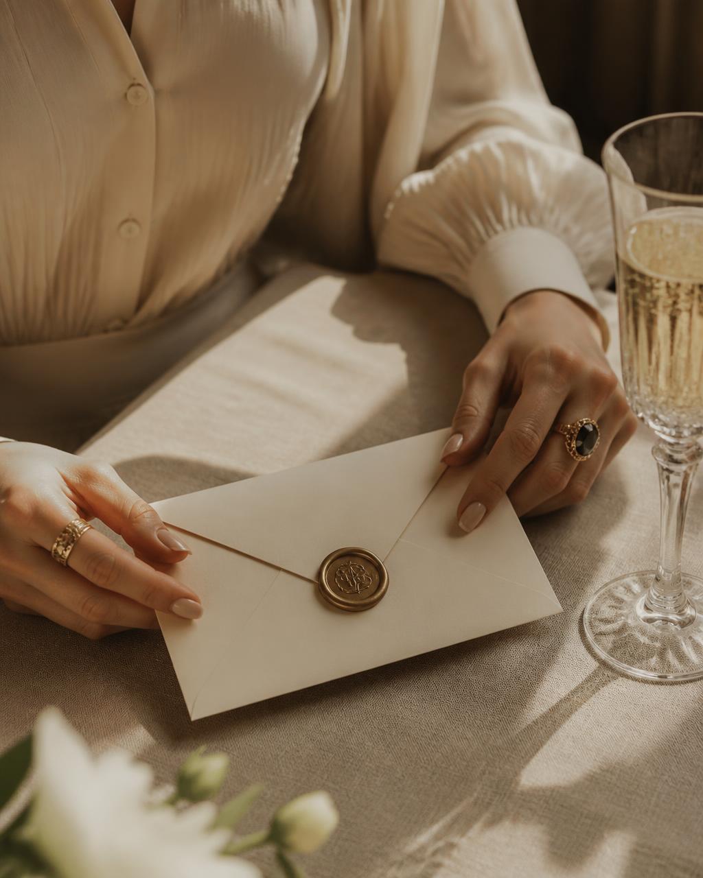 Mia holding a wax-sealed secret itinerary envelope